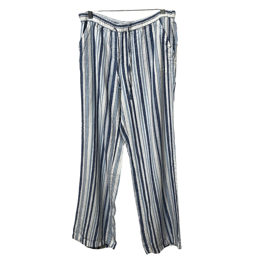 Counterpart Women's Blue White Striped‎ Linen Blend Wide Leg Pants Medium